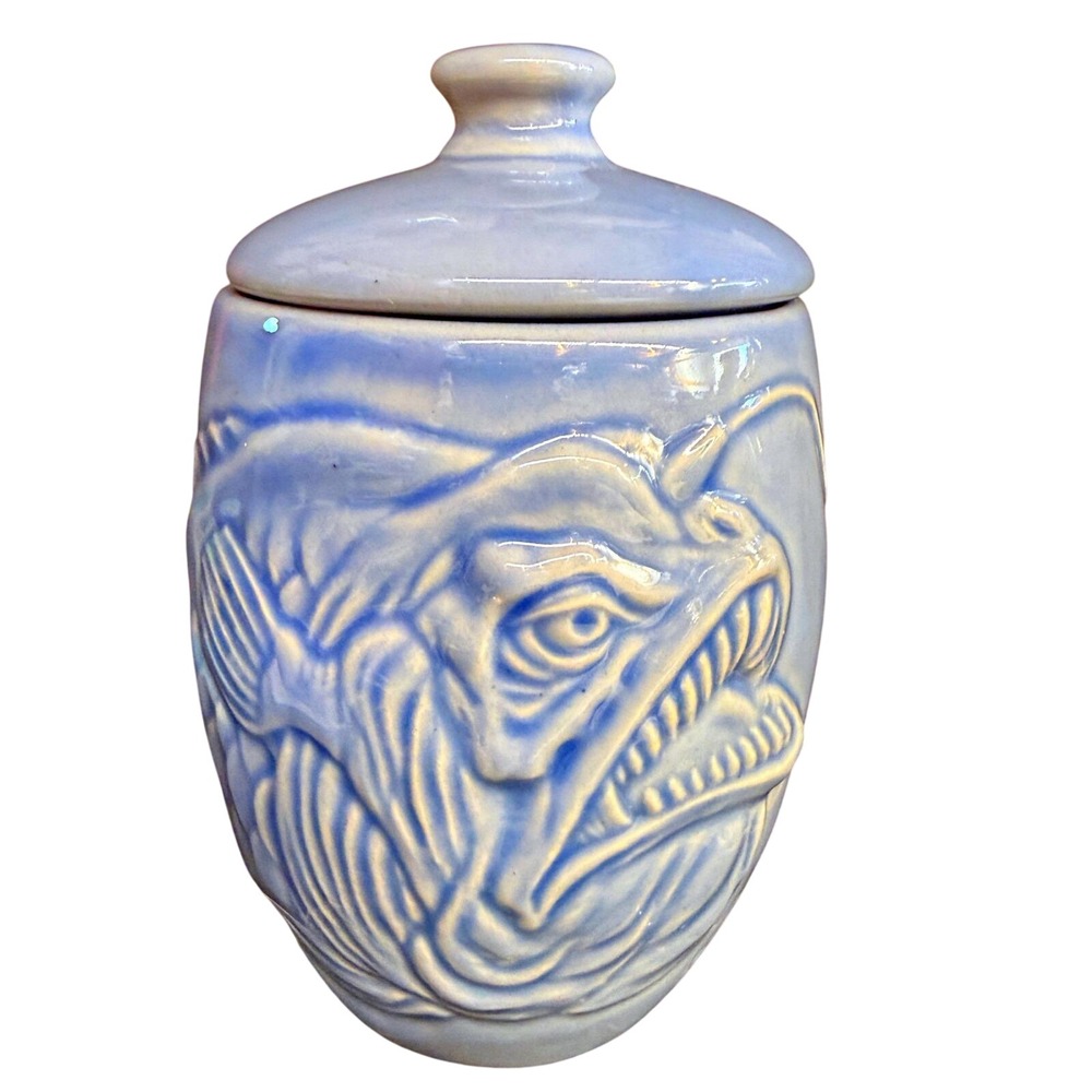 Vintage Blue Ceramic Angler Fish Lidded Jar Embossed Pottery Canister 6in